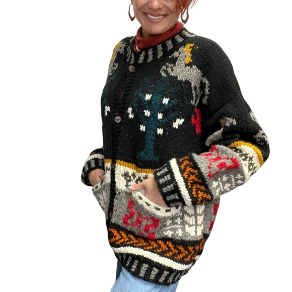 Chibcha Wool Artesian Cozy Heavy Knit Chunky Vintage Cardigan Horse Sweater - Picture 3 of 15
